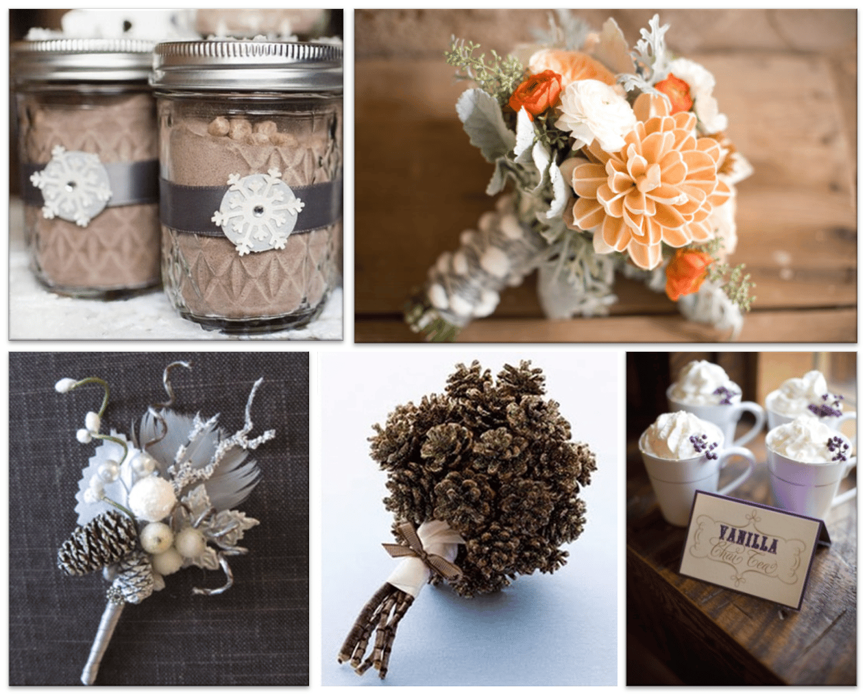 collage of winter wedding items including bouquets, boutonnieres, and mugs of vanilla chai tea