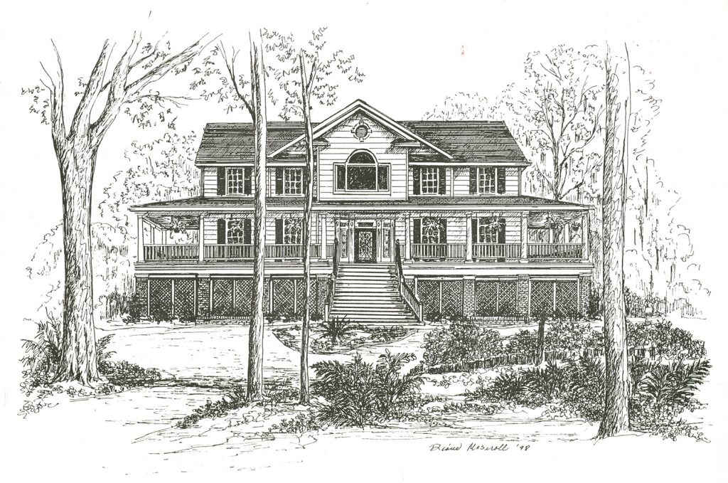 an artistic drawing of the Mackey House in Savannah GA